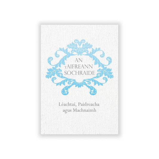 Irish-language funeral Mass booklet with prayers, readings, and reflections.