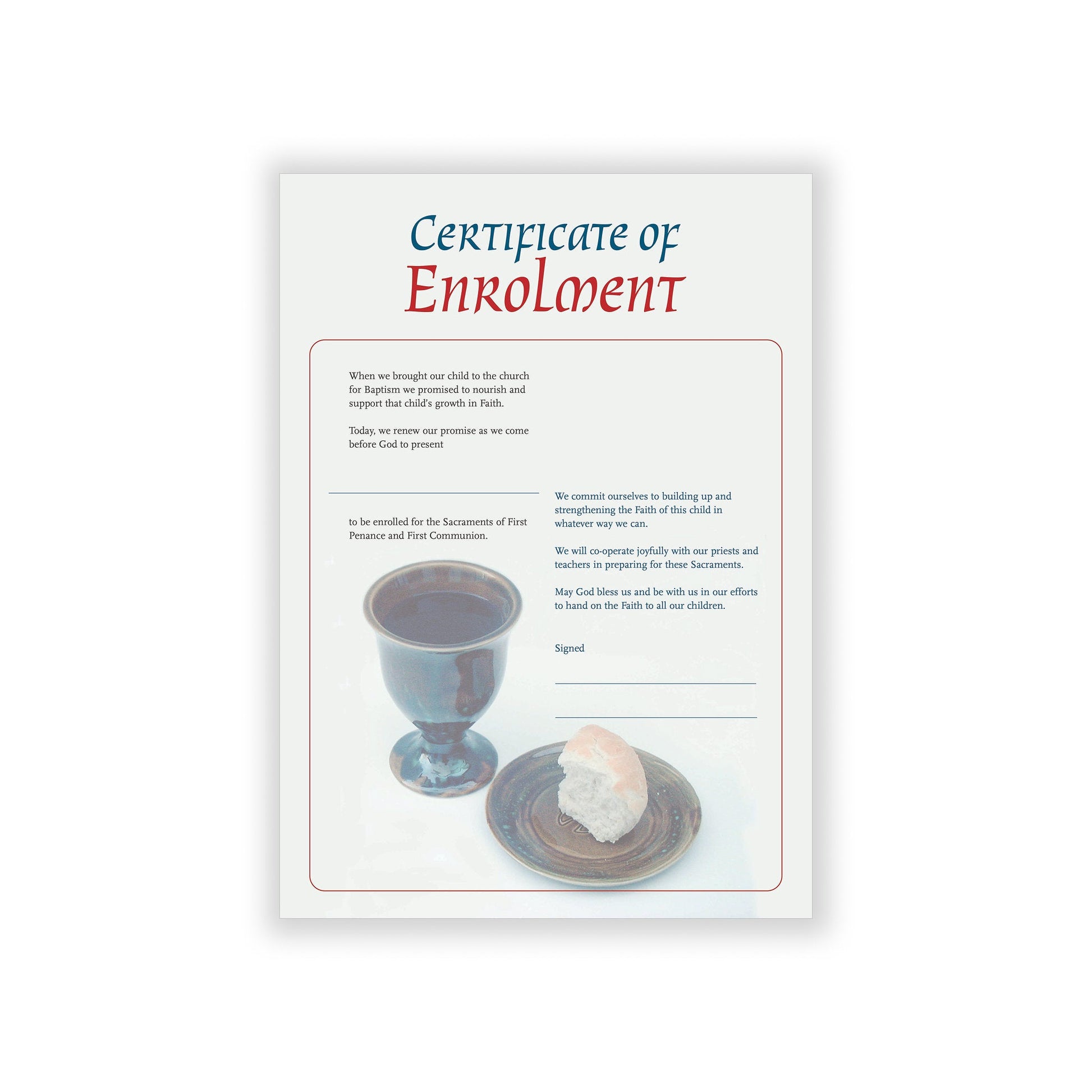 Enrolment certificate for children receiving First Penance and First Communion.