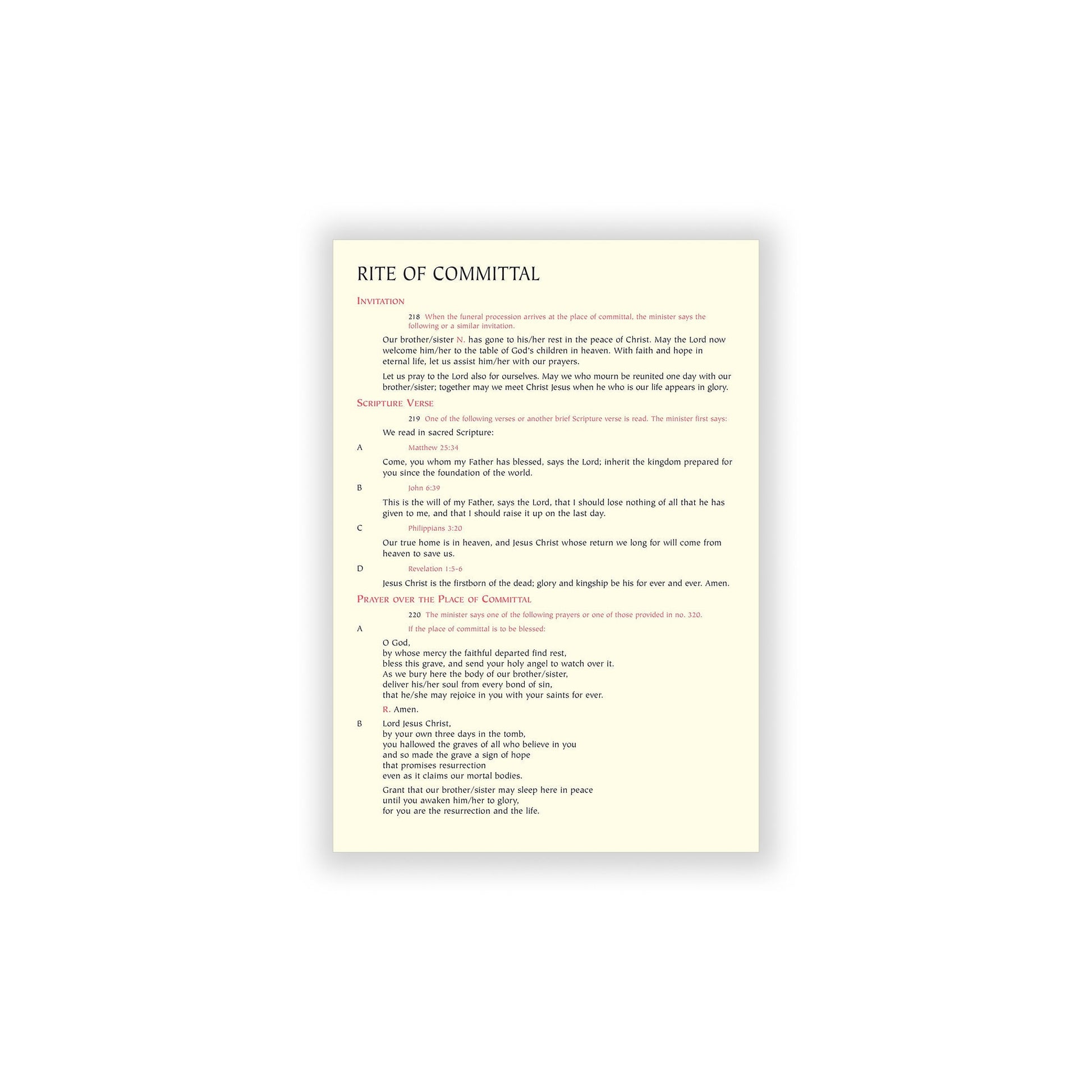 Card outlining the Rite of Committal for funerals.