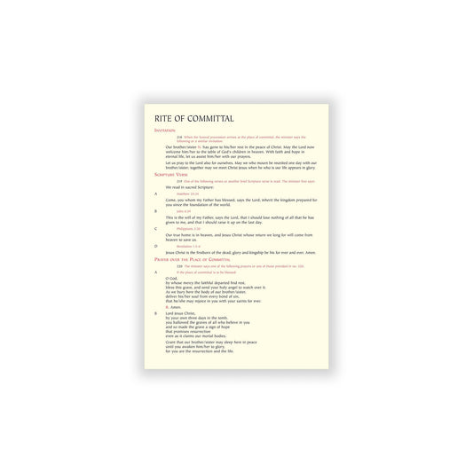 Card outlining the Rite of Committal for funerals.