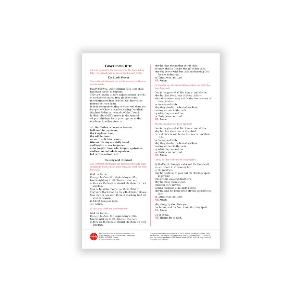 Rite of Baptism for Children – Laminated Card (packs of 10)